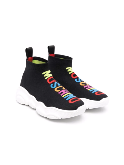 Shop Moschino Logo-knit Sock-style Sneakers In Black