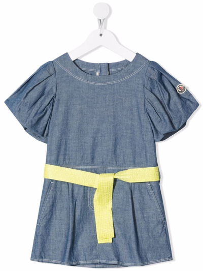 Moncler Blue Denim Ruffle Sleeve Dress With Contrast Belt In Blue