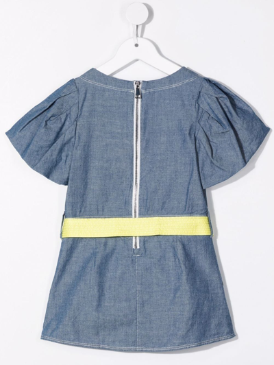 Moncler Blue Denim Ruffle Sleeve Dress With Contrast Belt In Blue