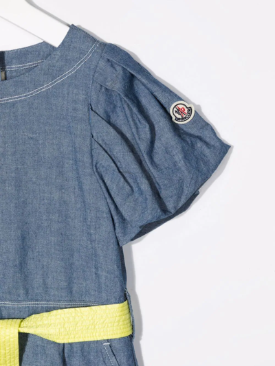 Moncler Blue Denim Ruffle Sleeve Dress With Contrast Belt In Blue
