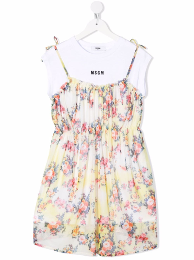 Shop Msgm Floral-print Cotton T-shirt Dress In Yellow