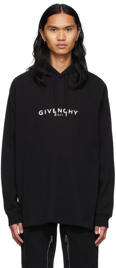 Shop Givenchy Black Reversed Logo Waffle Hoodie In 001-black