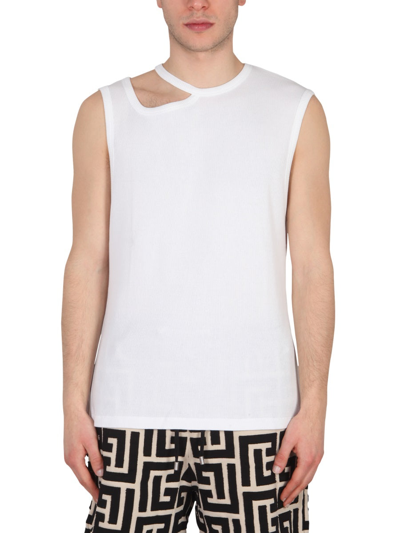 Balmain Ribbed Cotton Tank Top With Cut-out In White