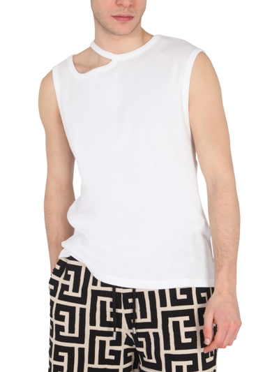 Balmain Ribbed Cotton Tank Top With Cut-out In White