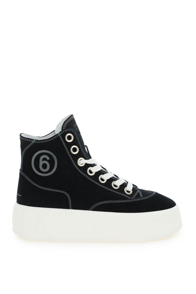 Shop Mm6 Maison Margiela Suede Leather Platform Sneakers In Black