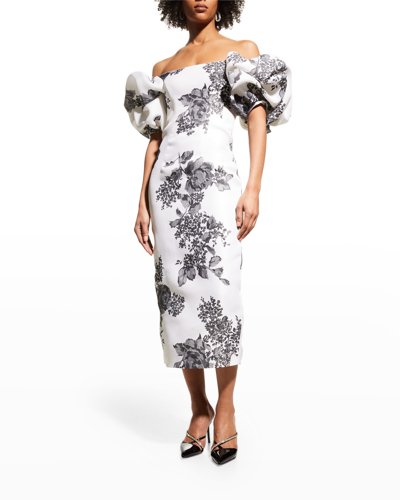 Shop Monique Lhuillier Off-the-shoulder Puff-sleeve Midi Dress In Silk Whitenoir