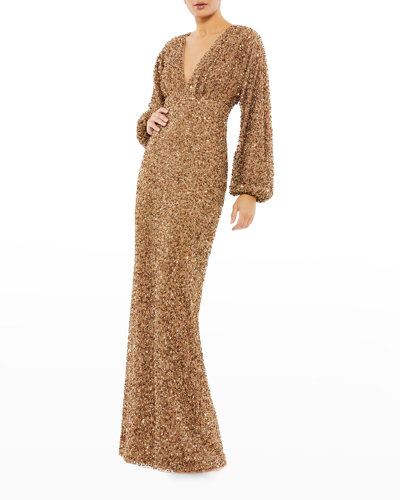 Shop Mac Duggal Sequin Long-sleeve V-neck Dress In Bronze