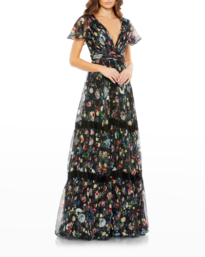 Shop Mac Duggal Pleated Floral-print Flutter-sleeve Gown In Black Multi