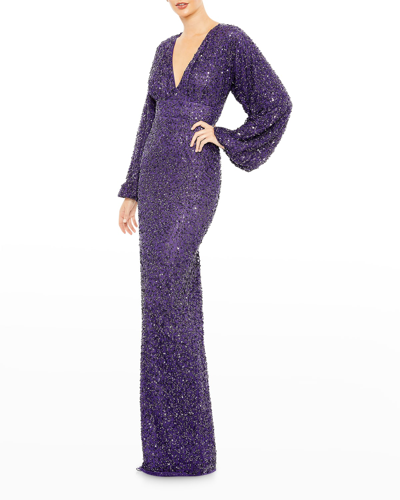 Shop Mac Duggal Sequin Long-sleeve V-neck Dress In Amethyst