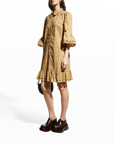 Shop See By Chloé Embroidered Ruffle Shirtdress In Grove Brown