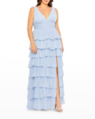 Shop Mac Duggal Plus Size Empire Chiffon Gown With Tiered Ruffles In Powder Blue