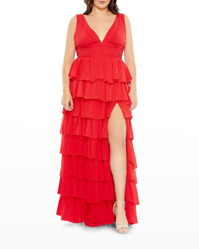 Shop Mac Duggal Plus Size Empire Chiffon Gown With Tiered Ruffles In Red
