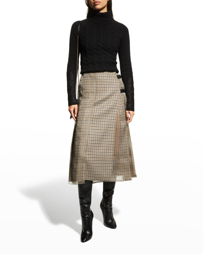 Shop Max Mara Norel Houndstooth Pleated Midi Wrap Skirt W/ Silk Organza Overlay In Kaki