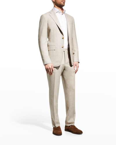 Shop Canali Men's Solid Linen-blend Suit In Tan