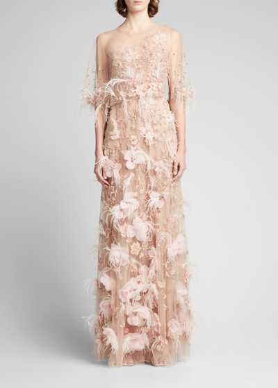 Shop Marchesa Floral & Feather Embellished Illusion Gown In Blush