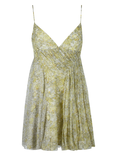 Shop Giovanni Bedin Gathered Pleated V-neck Dress In Yellow Print