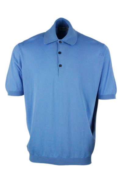 Shop John Smedley Short-sleeved Polo Shirt In Extra-fine Cotton Thread With Three Buttons In Blu