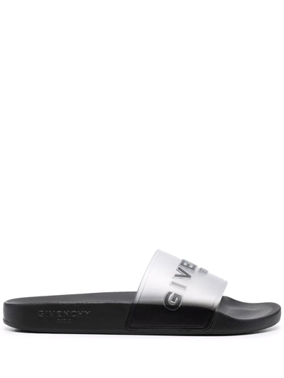Shop Givenchy Man Black Slippers With Transparent Logo Band In White/black