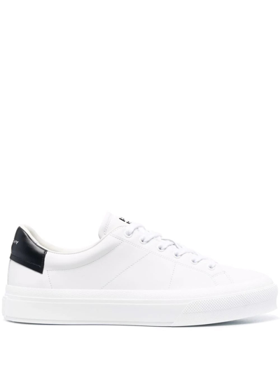 Shop Givenchy Man City Sport Sneakers In White Leather With Navy Blue Spoiler In White/black