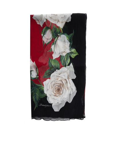Dolce & Gabbana Rose Print Silk Scarf White Red