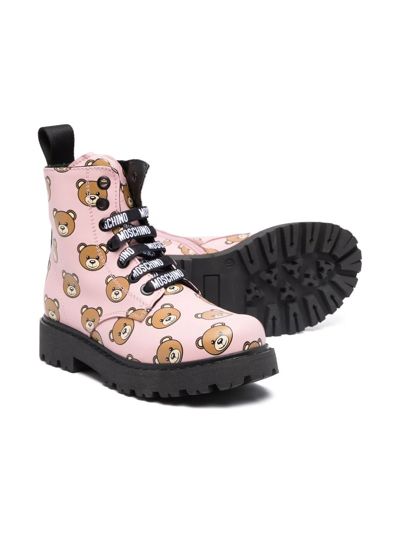 Shop Moschino Teddy Print Ankle Boots In Pink