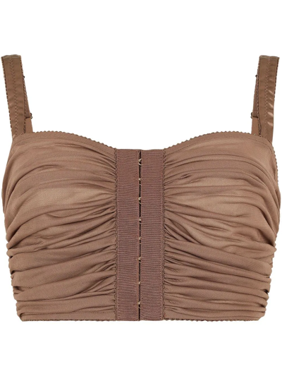 Dolce & Gabbana Ruched Cropped Top In Viscose In Brown