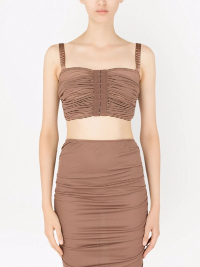 Dolce & Gabbana Ruched Cropped Top In Viscose In Brown