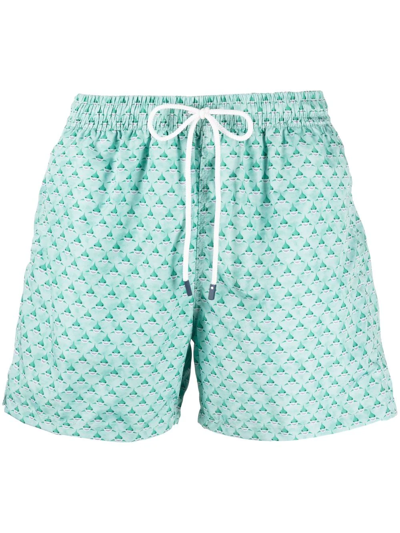 Shop Fedeli Shark Print Swim Shorts In Green