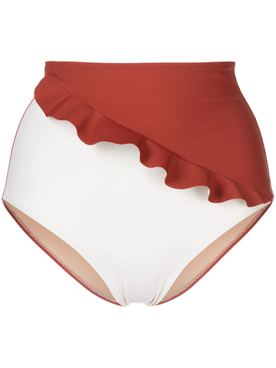 Evarae Greta Ruffled Two-tone Stretch-econyl Bikini Briefs In Brown