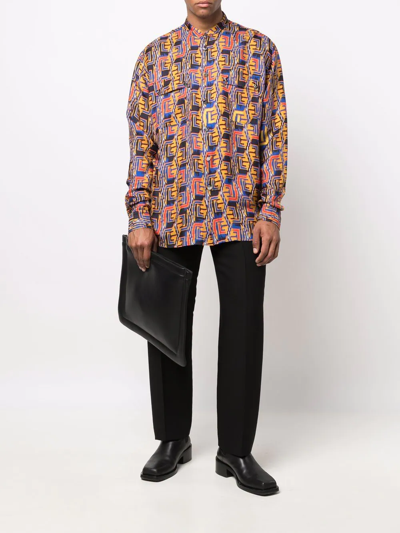 Balmain Band Collar Monogram Print Button-up Silk Shirt In Blue