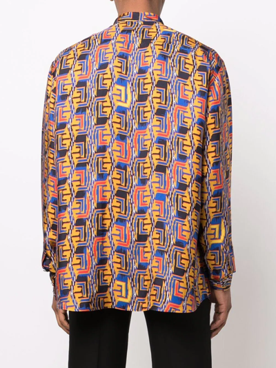 Balmain Band Collar Monogram Print Button-up Silk Shirt In Blue