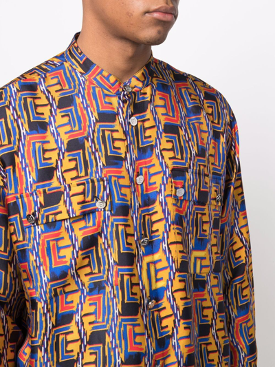 Balmain Band Collar Monogram Print Button-up Silk Shirt In Blue