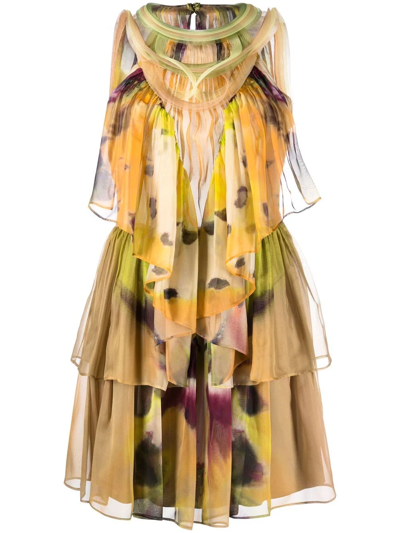 Shop Alberta Ferretti Abstract-print Silk Tiered Dress In Green