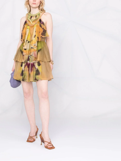 Shop Alberta Ferretti Abstract-print Silk Tiered Dress In Green