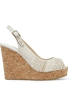 JIMMY CHOO Prova Leather-Trimmed Woven Wedge Sandals