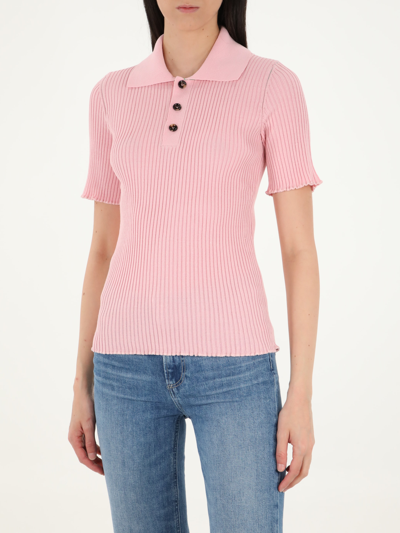 Shop Bottega Veneta Ribbed Pink Polo Shirt