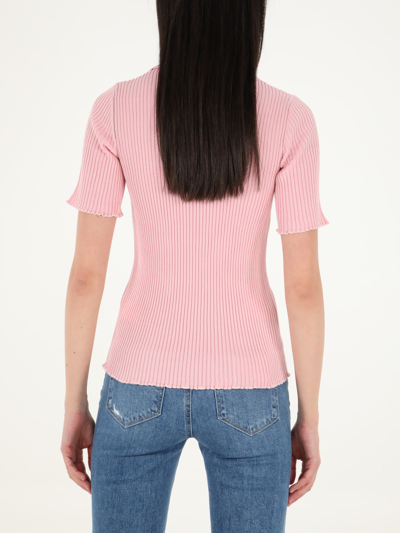 Shop Bottega Veneta Ribbed Pink Polo Shirt