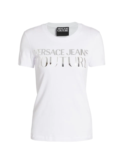 Shop Versace Jeans Couture Women's Mirrored Logo Cotton Jersey T-shirt In White Silver