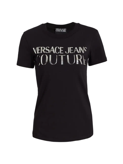 Shop Versace Jeans Couture Women's Mirrored Logo Cotton Jersey T-shirt In Black Silver