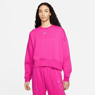 Shop Nike Women's Sportswear Collection Essentials Oversized Fleece Crewneck Sweatshirt In Active Pink/white