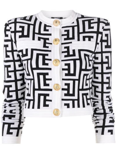 Shop Balmain Monogram Knit Cropped Cardigan In Black