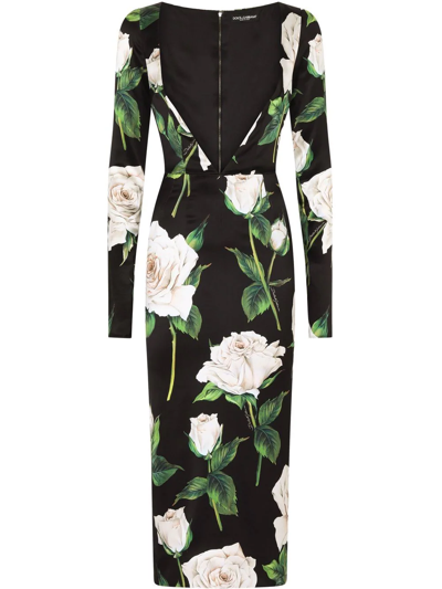Shop Dolce & Gabbana Rose Print Cut-out Midi Dress In Black