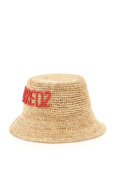 Shop Dsquared2 Raffia Bucket Bag In Beige