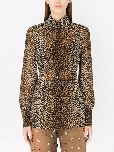 Shop Dolce & Gabbana Leopard-print Silk Georgette Shirt In Brown