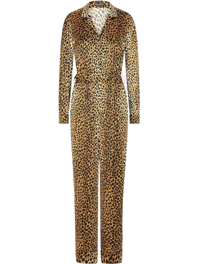 Shop Dolce & Gabbana Silk-blend Leopard Print Jumpsuit In Gold