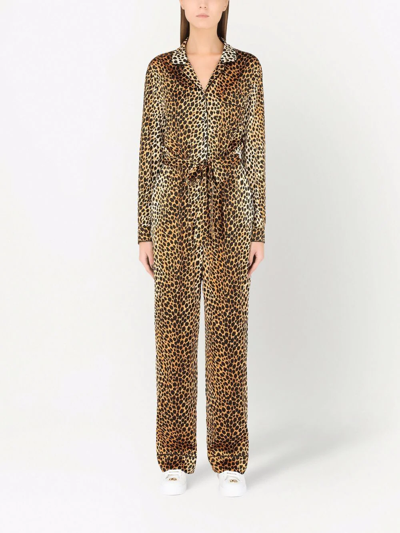 Shop Dolce & Gabbana Silk-blend Leopard Print Jumpsuit In Gold