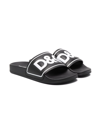 Shop Dolce & Gabbana Teen Embossed-logo Slides In Black