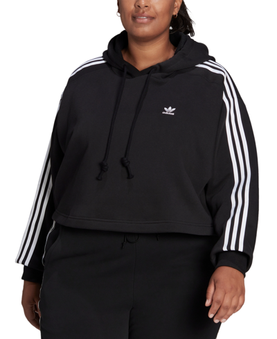 Shop Adidas Originals Originals Plus Size Cropped Striped Hoodie In Black