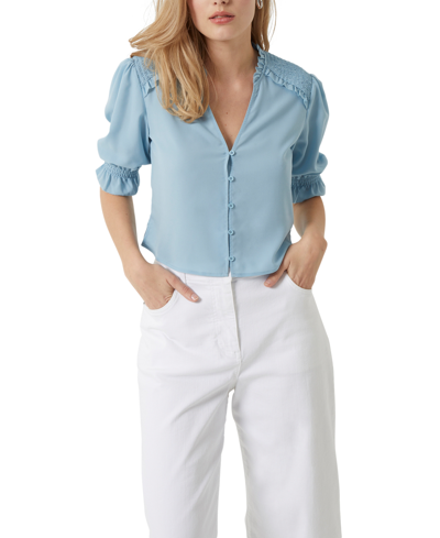 Shop French Connection Ruffle-trim Puff-sleeve Blouse In Forget Me Not