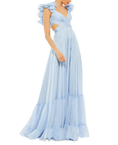 Shop Mac Duggal Rosette Chiffon Gown In Powder Blue